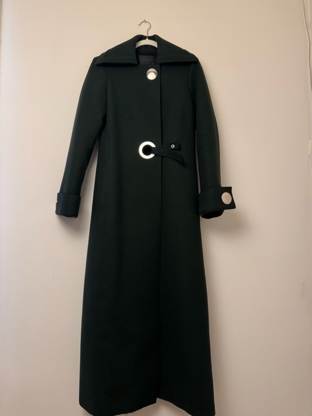 Vintage Calvin Klein Collection Dark Green Wool Coat with Silver Disc Hardware